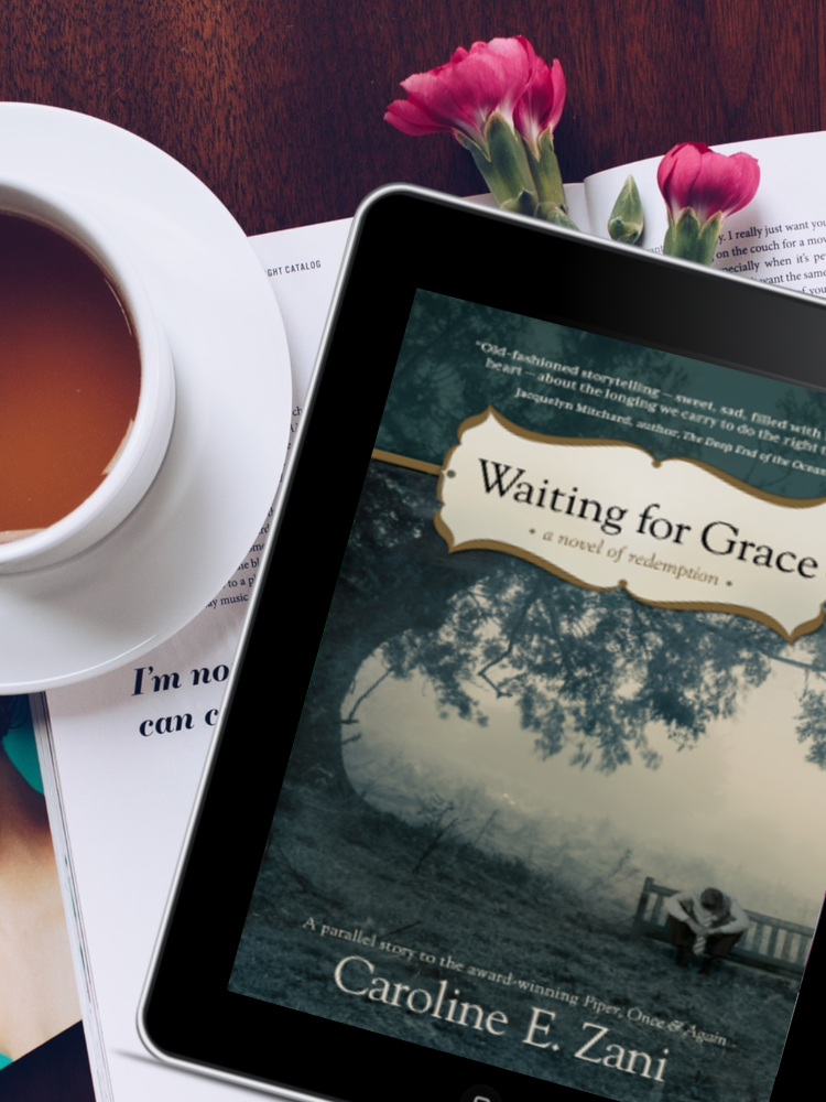 Waiting for Grace on ereader with coffee cup next to it